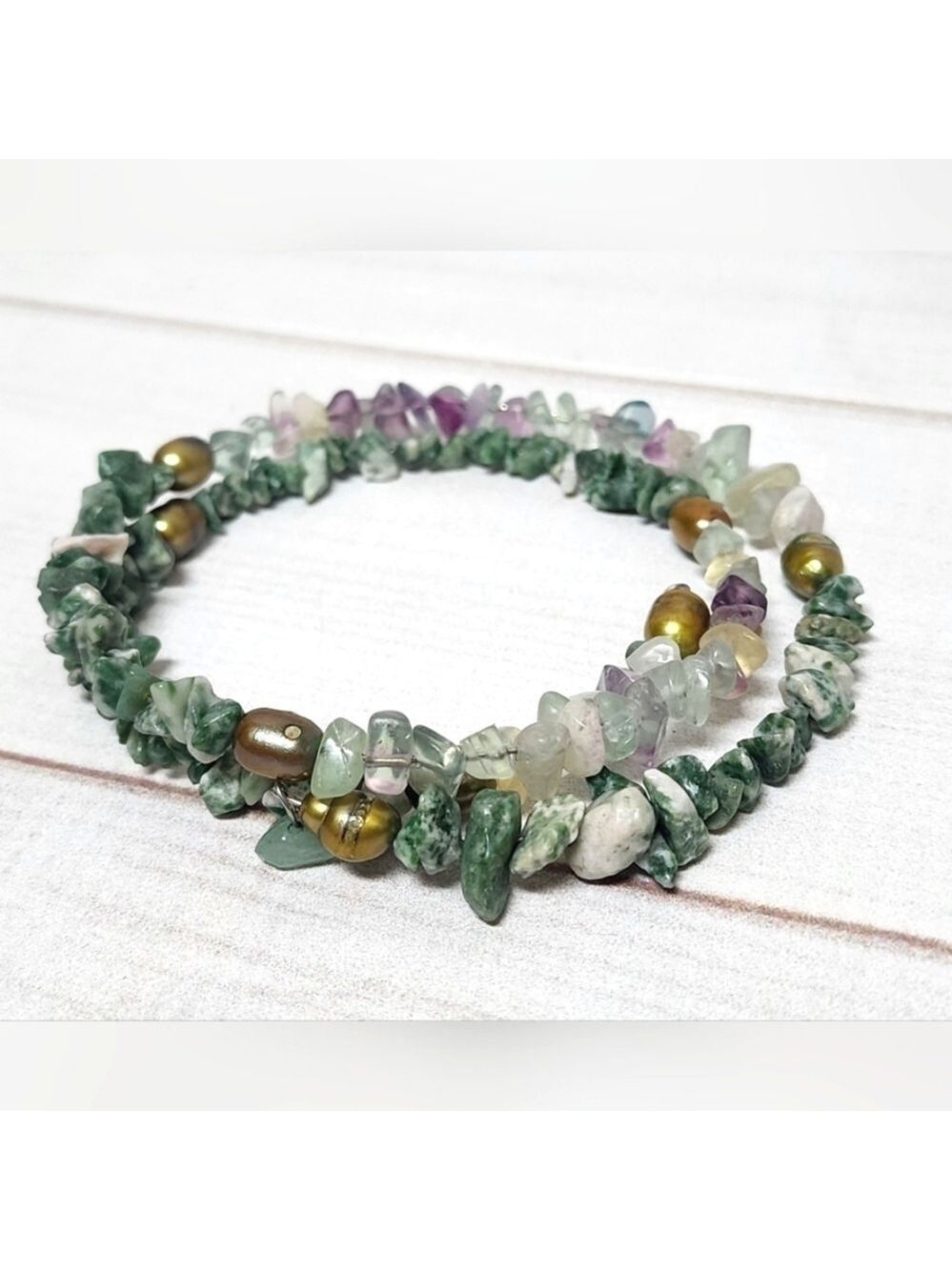 Handmade Coil Wrap Bracelet – Tree Agate, Fluorite, Amethyst - New